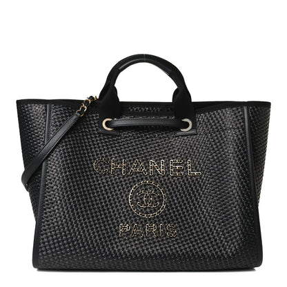 Chanel Straw Raffia Calfskin Chain Medium Deauville Tote Black 1 of 15