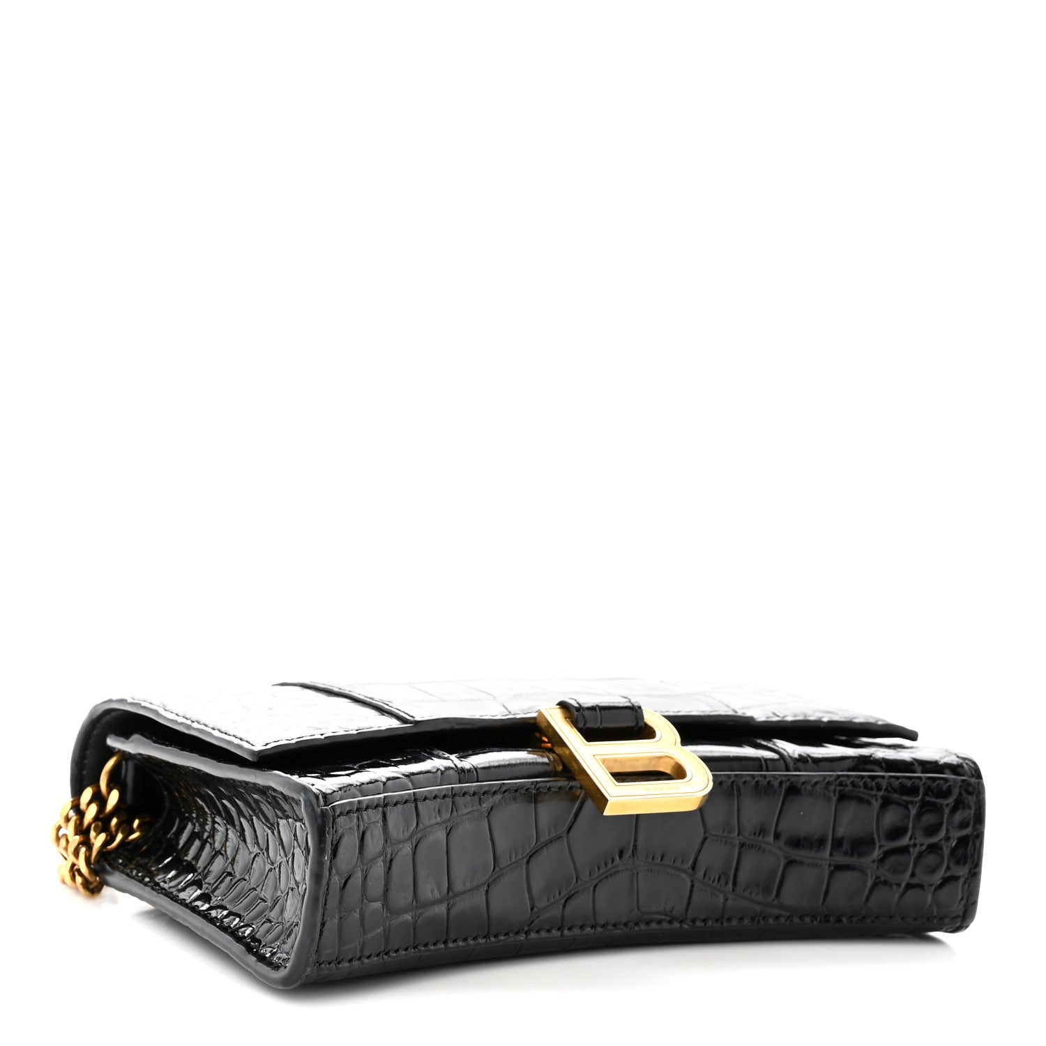 Balenciaga Shiny Calfskin Crocodile Embossed Hourglass Chain Bag Black 4 of 10