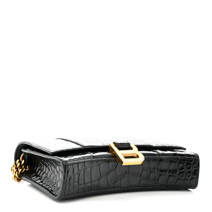 Balenciaga Shiny Calfskin Crocodile Embossed Hourglass Chain Bag Black 4 of 10