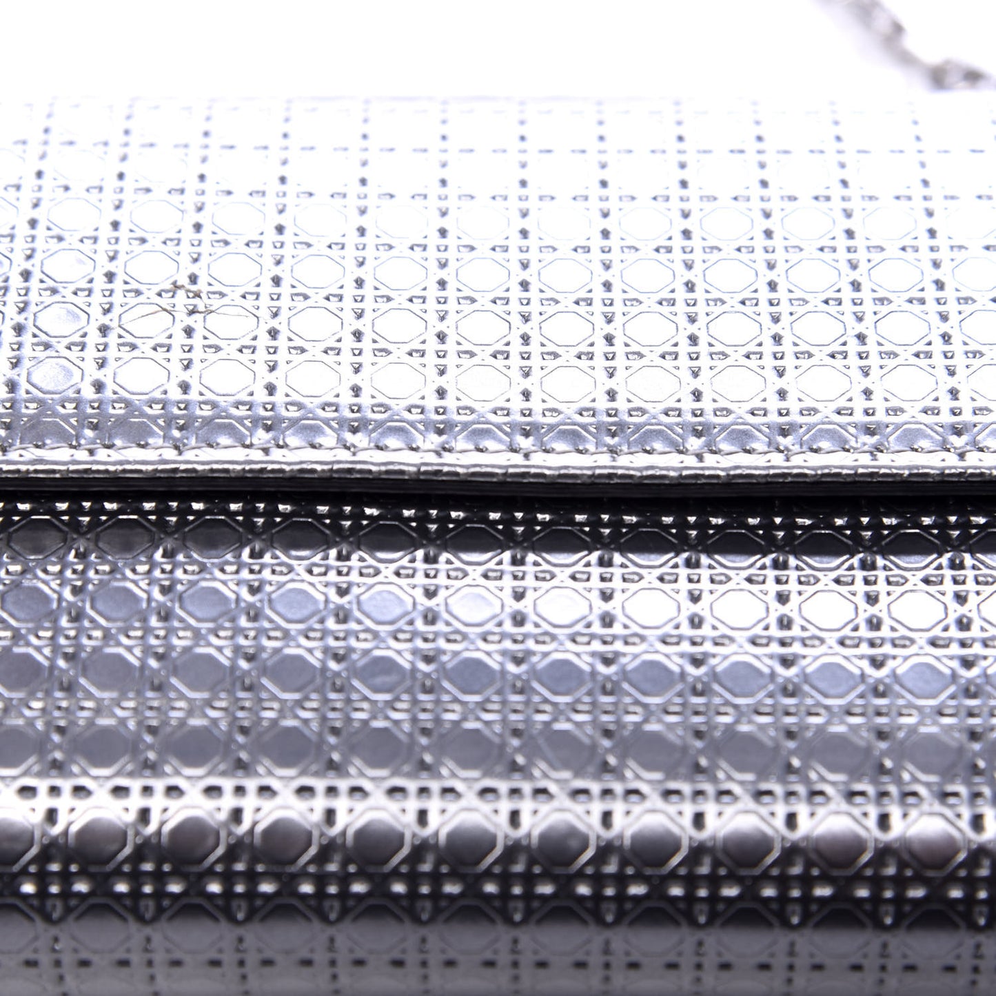 Metallic Patent Micro-Cannage Lady Dior Croisiere Chain Wallet Silver