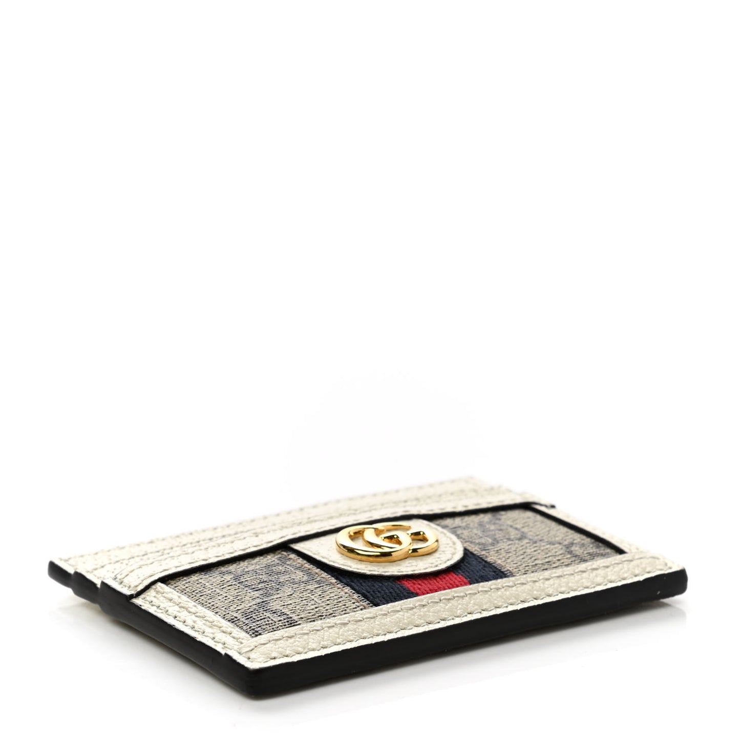 GG Supreme Monogram Textured Calfskin Web Ophidia Card Holder Beige Ebony Mystic White