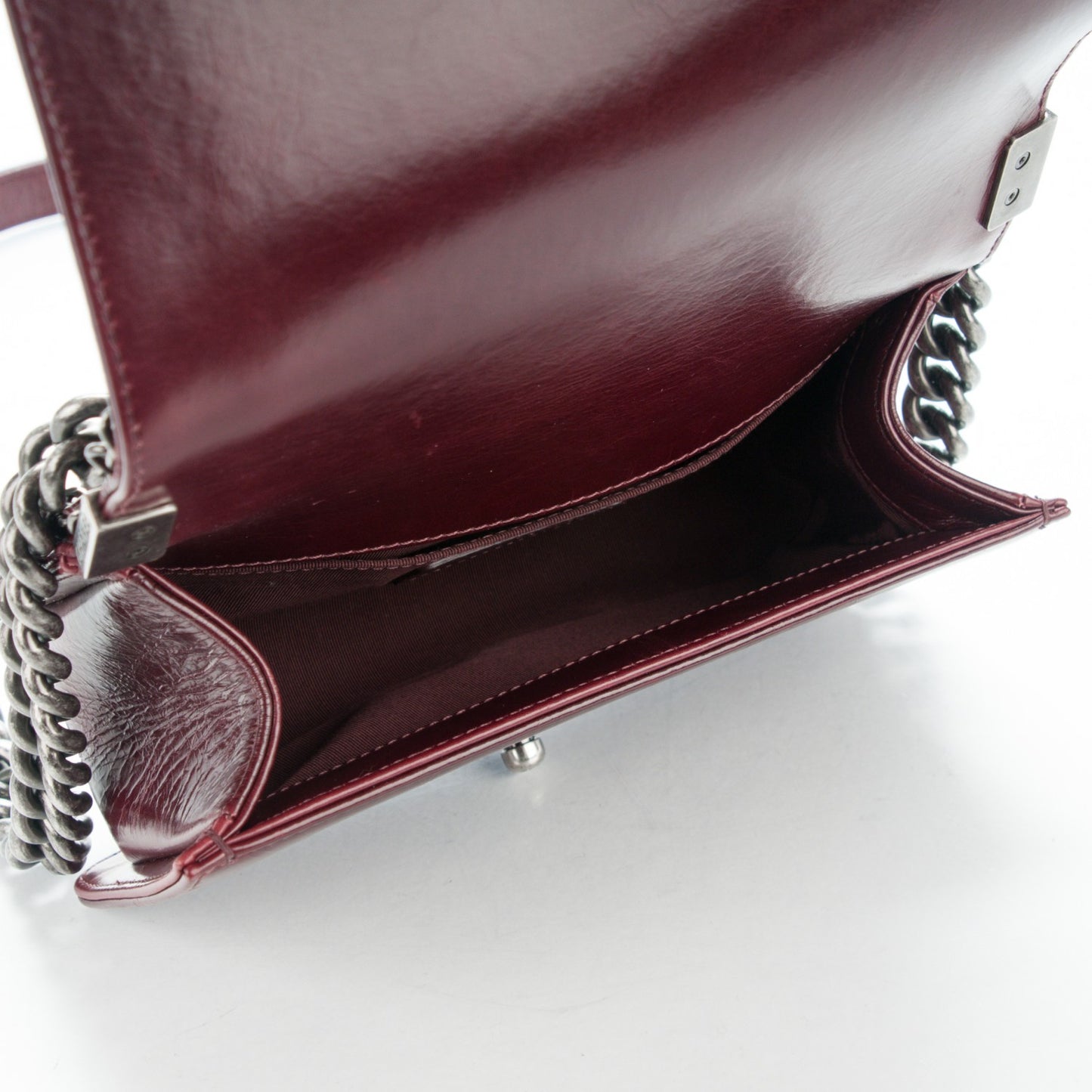 Glazed Calfskin Quilted Small Boy Chained Flap Burgundy