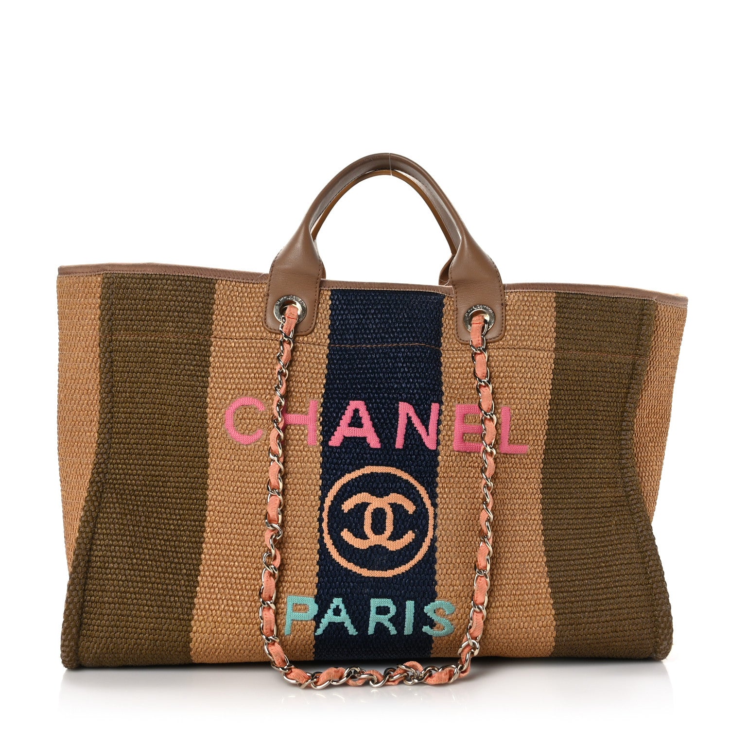 Chanel Straw Raffia Calfskin Striped Medium Deauville Tote Khaki Beige Navy Blue 1 of 12