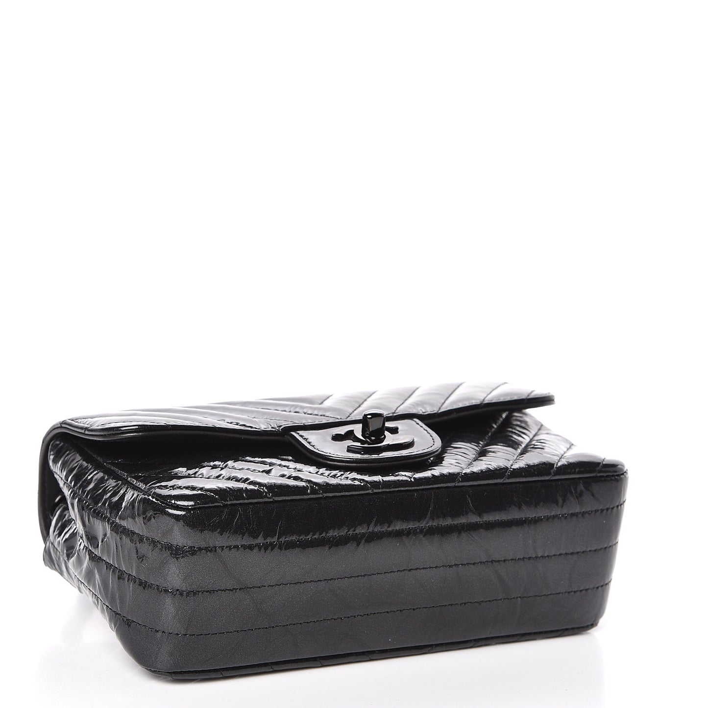 Patent Metallic Crumpled Calfskin Chevron Quilted Mini Rectangular Flap So Black