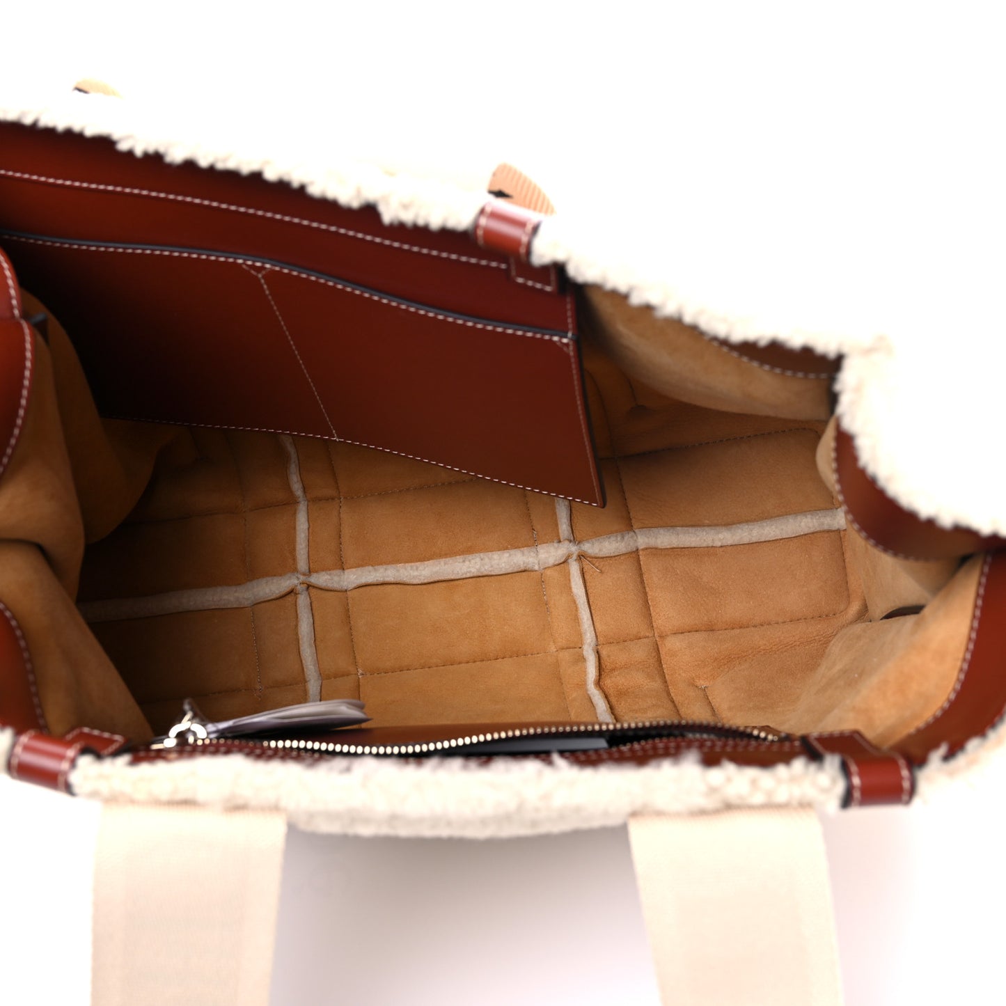Shearling Calfskin Large Woody Ribbon Tote Mild Beige