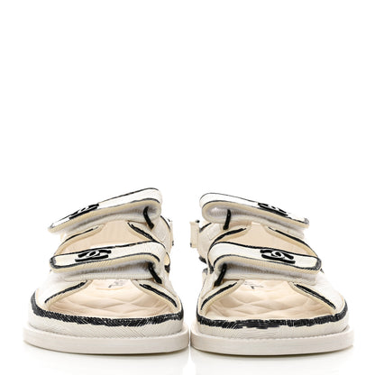 Chanel Calfskin Printed Velcro Dad Sandals 35 White Black 2 of 14