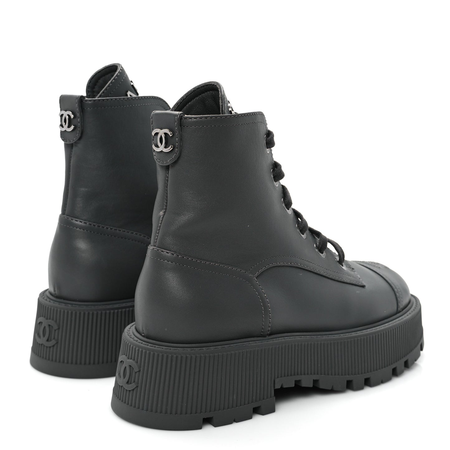 Calfskin CC Lace Up Combat Boots 36.5 Gray