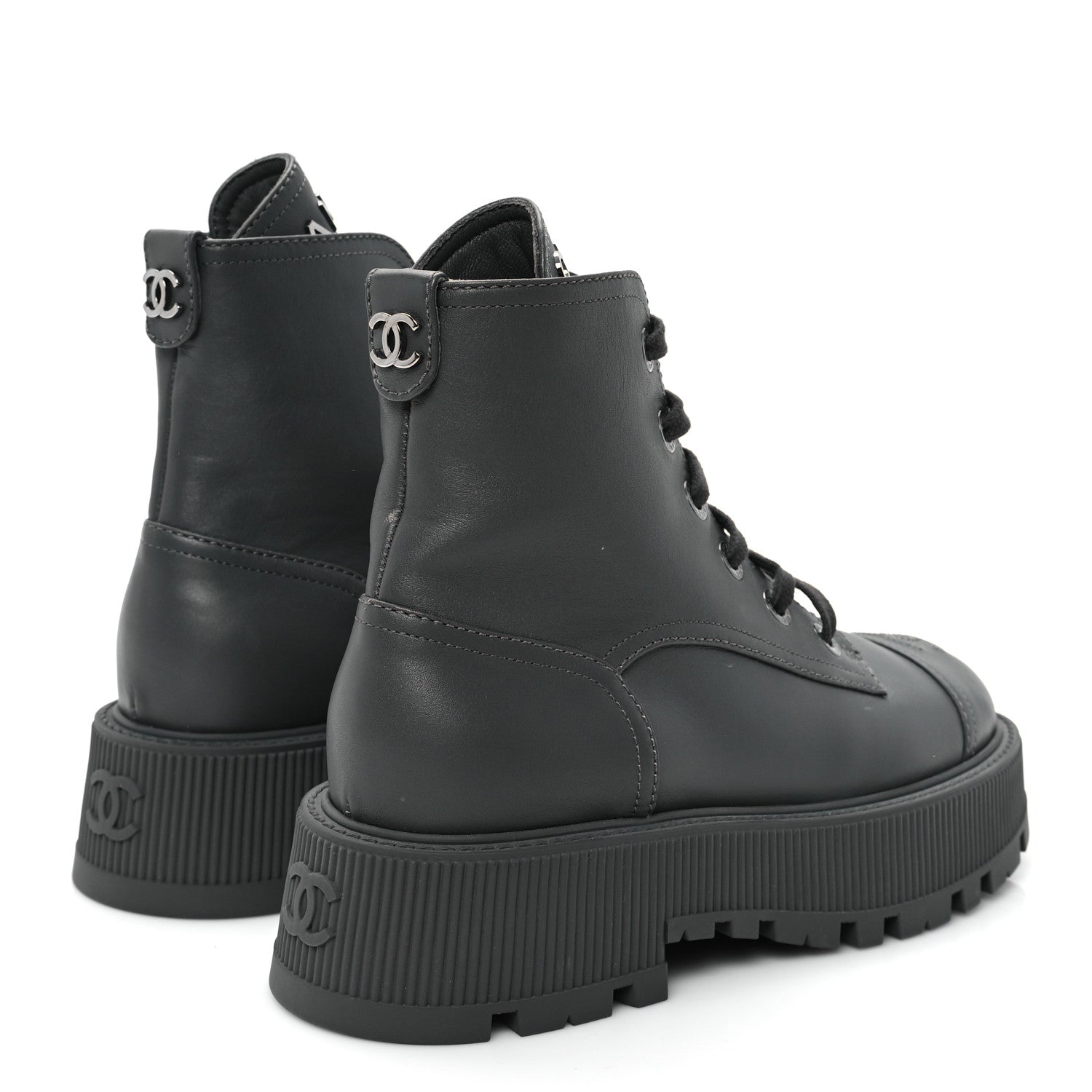 Chanel Calfskin CC Lace Up Combat Boots 36.5 Gray 5 of 12