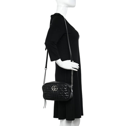 Gucci Calfskin Matelasse Aria Small GG Marmont Chain Shoulder Bag Black 2 of 13