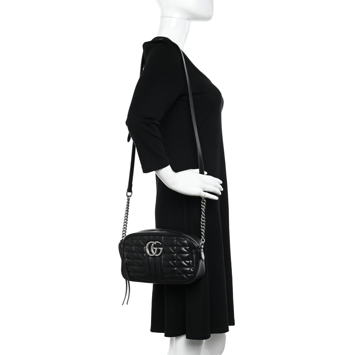 Gucci Calfskin Matelasse Aria Small GG Marmont Chain Shoulder Bag Black 2 of 11