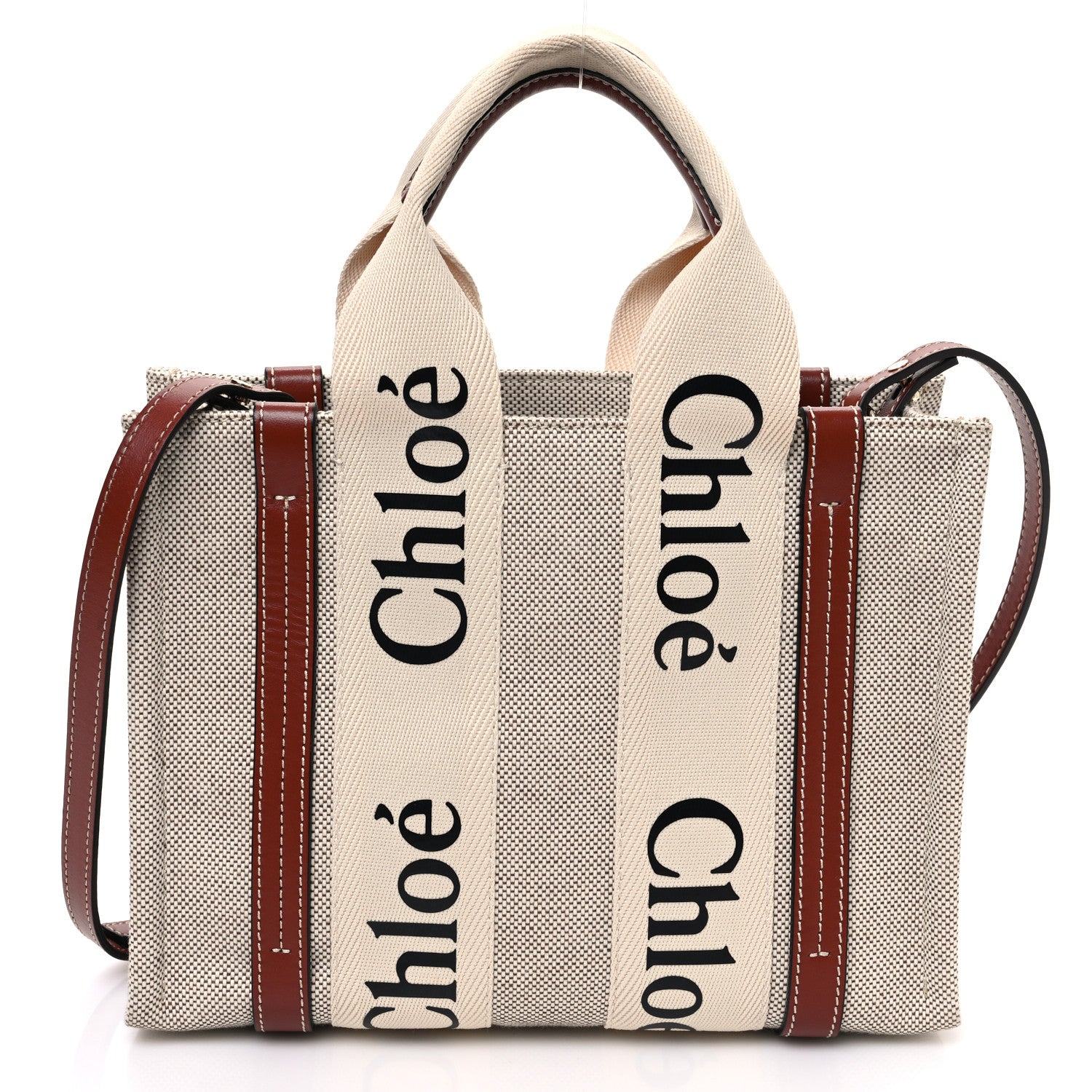 Chloe Cotton Calfskin Small Woody Ribbon Tote With Strap White Brown 1 of 10