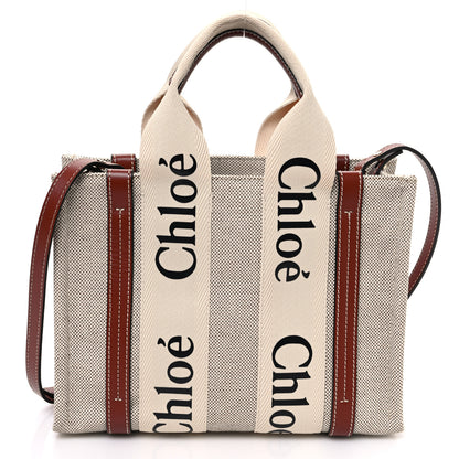 Chloe Cotton Calfskin Small Woody Ribbon Tote With Strap White Brown 1 of 10