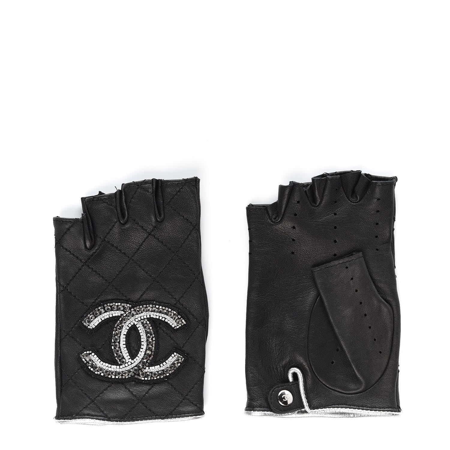 Chanel Lambskin Stitched Fingerless CC Embellished Gloves 7 Black 1 of 6
