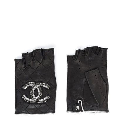 Chanel Lambskin Stitched Fingerless CC Embellished Gloves 7 Black 1 of 6