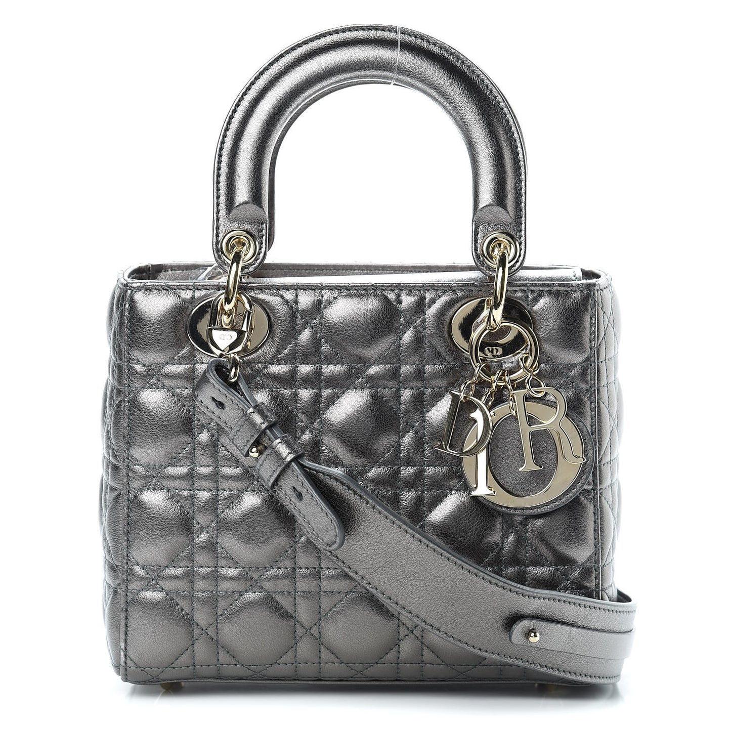 Metallic Grained Calfskin Cannage Small Lady Dior Gunmetal