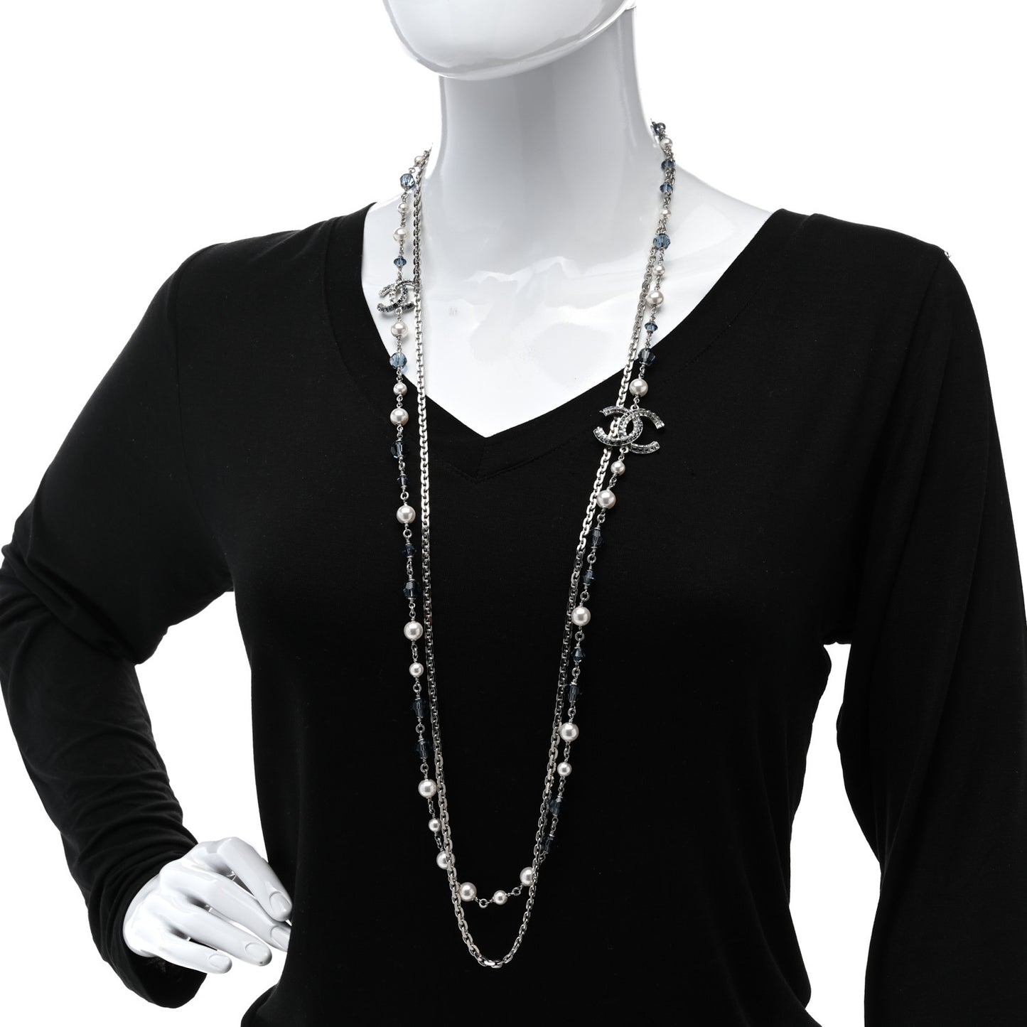 Pearl Crystal Bead CC Long Necklace Silver Blue