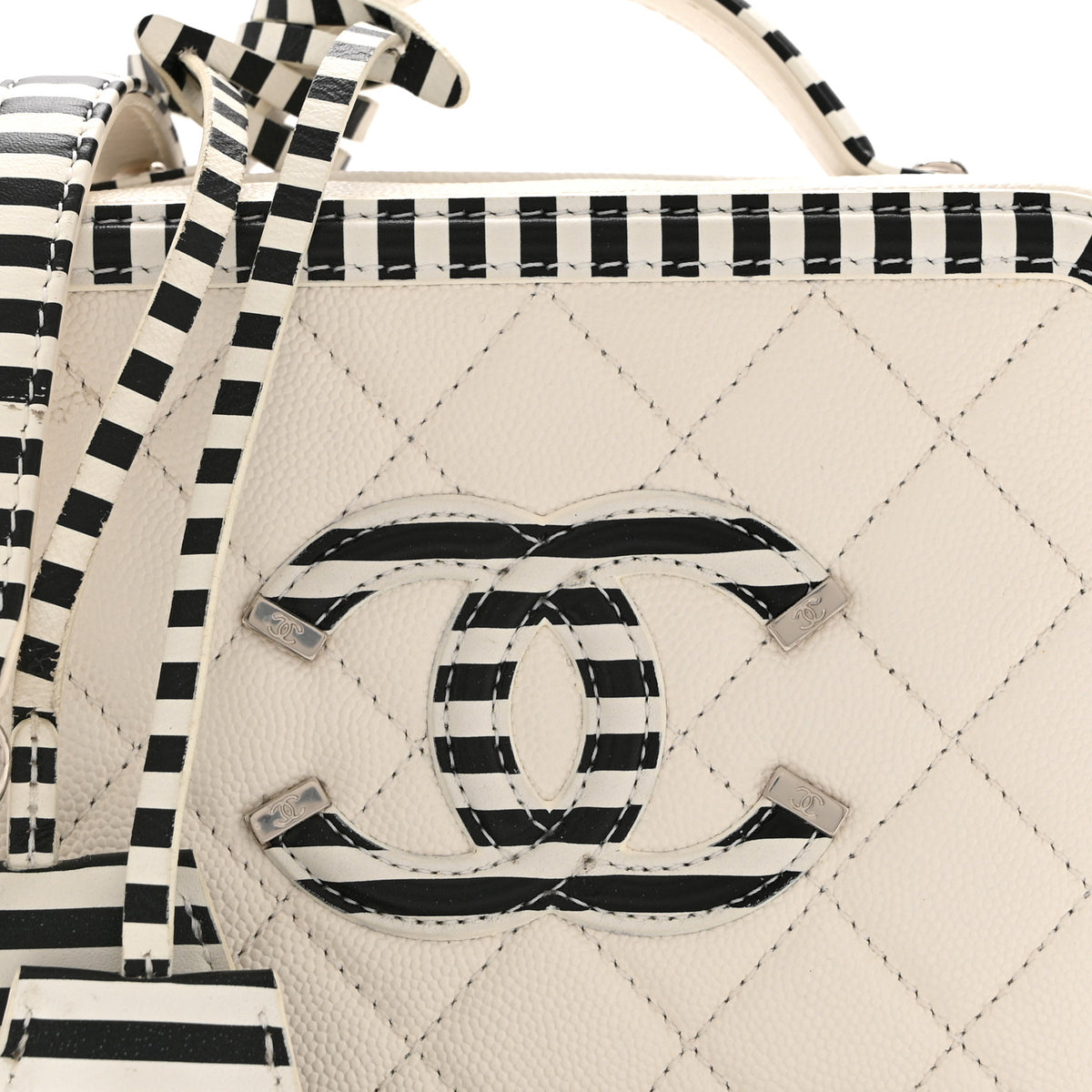 Caviar Quilted Striped Small CC Filigree Vanity Case White Black