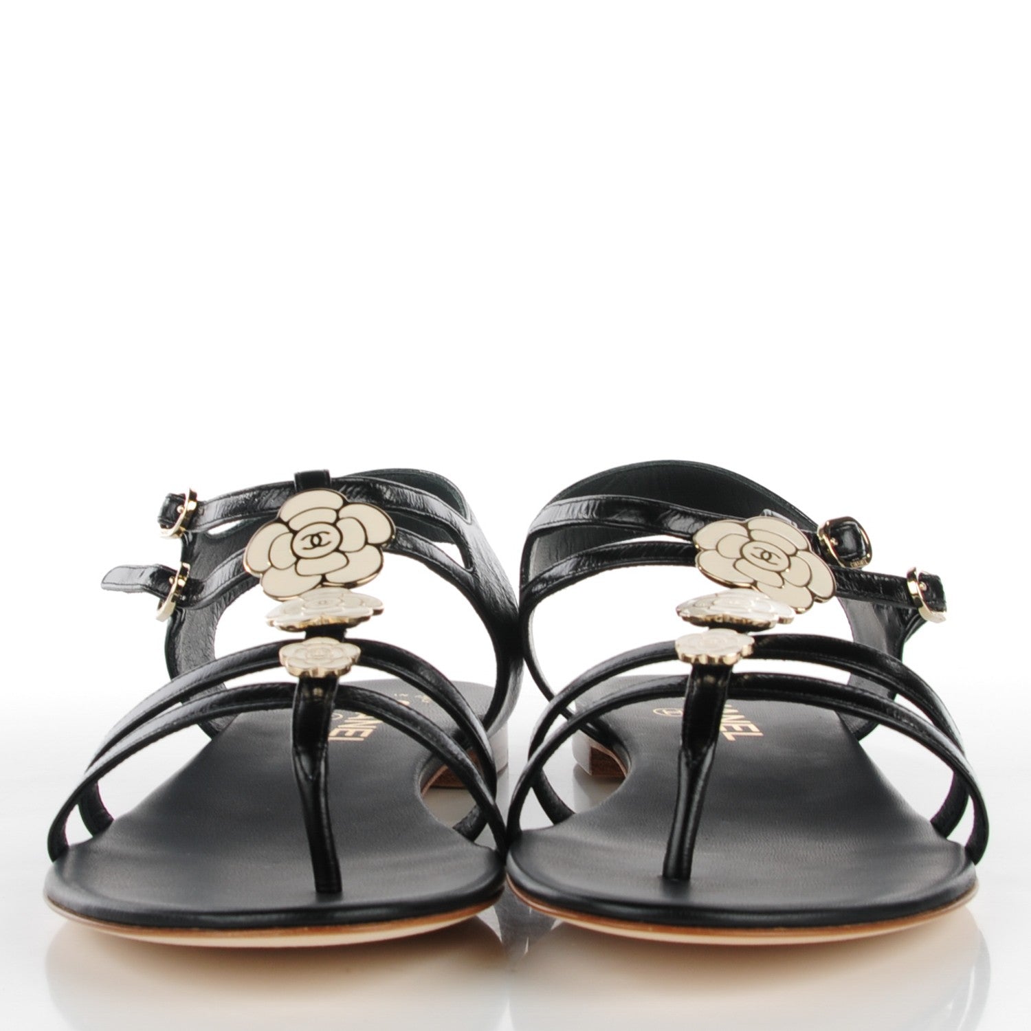 Chanel Crumpled Calfskin Enamel CC Camellia Thong Sandals 41 Black 2 of 7