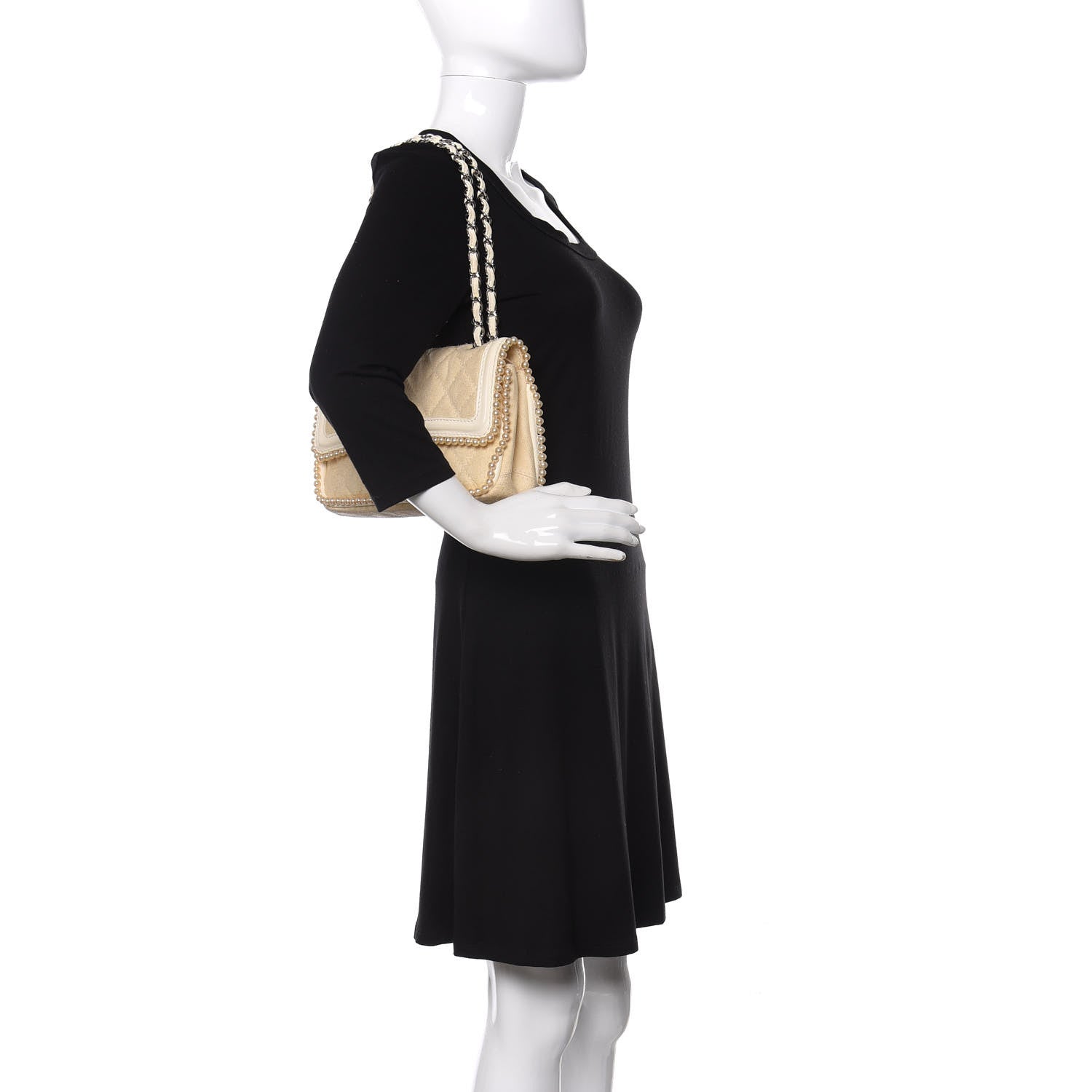 Chanel Canvas Quilted Pearl Trim Medium Flap Beige 2 of 16