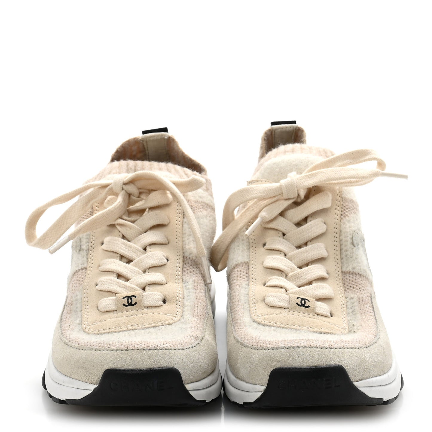 Knit Fabric Suede Calfskin Womens CC Sneakers 37 Ivory