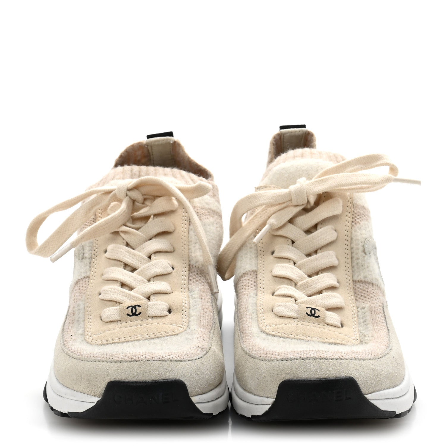 Chanel Knit Fabric Suede Calfskin Womens CC Sneakers 37 Ivory 3 of 10