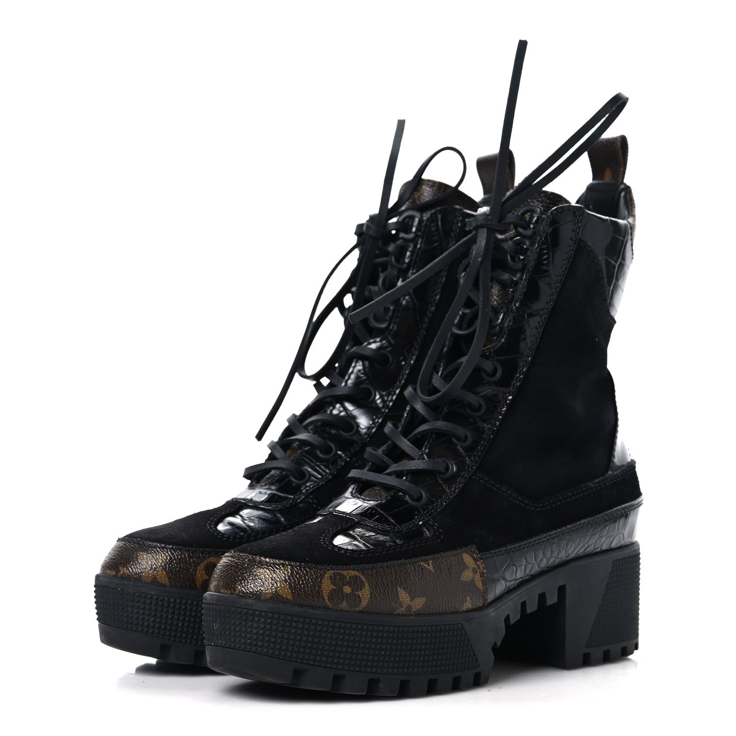 Louis Vuitton Suede Crocodile Embossed Calfskin Monogram Laureate Platform Desert Boots 36 Black 4 of 10