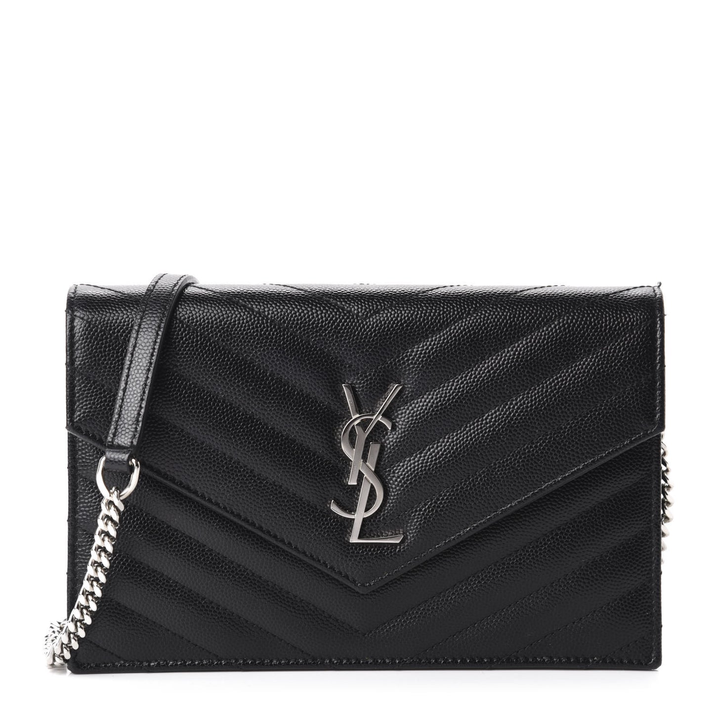 Grain De Poudre Matelasse Chevron Monogram Envelope Chain Wallet Black