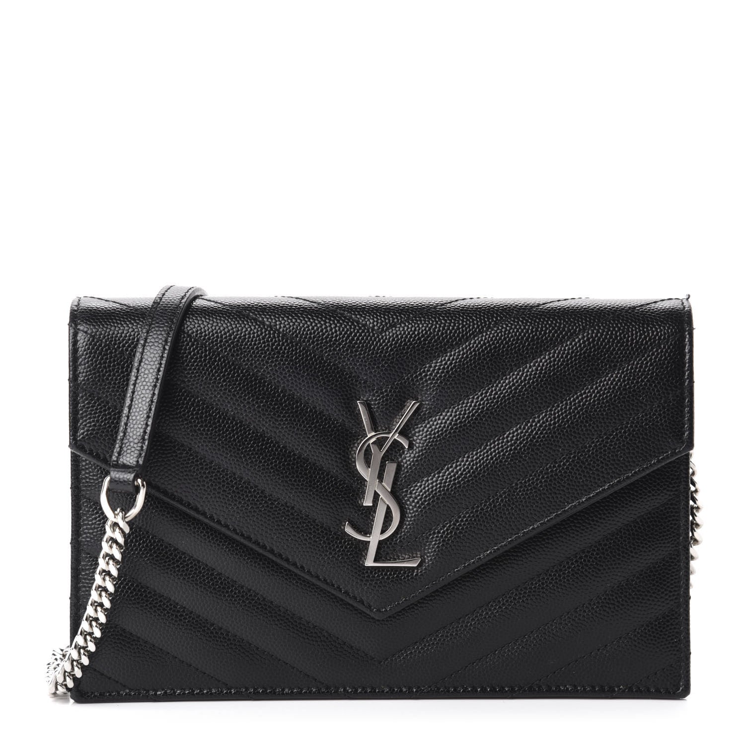 Saint Laurent Grain De Poudre Matelasse Chevron Monogram Envelope Chain Wallet Black 1 of 13