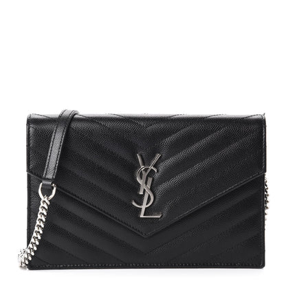 Saint Laurent Grain De Poudre Matelasse Chevron Monogram Envelope Chain Wallet Black 1 of 13