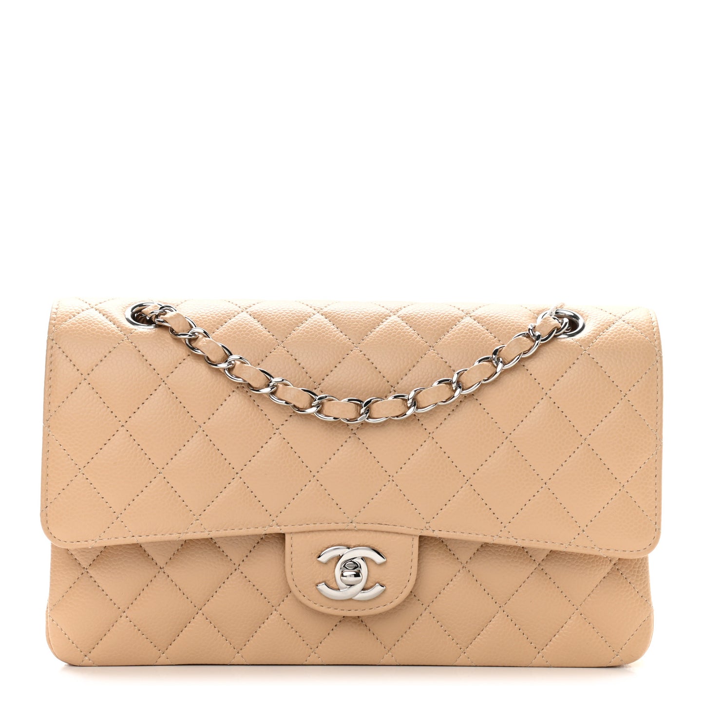 Caviar Quilted Medium Double Flap Beige