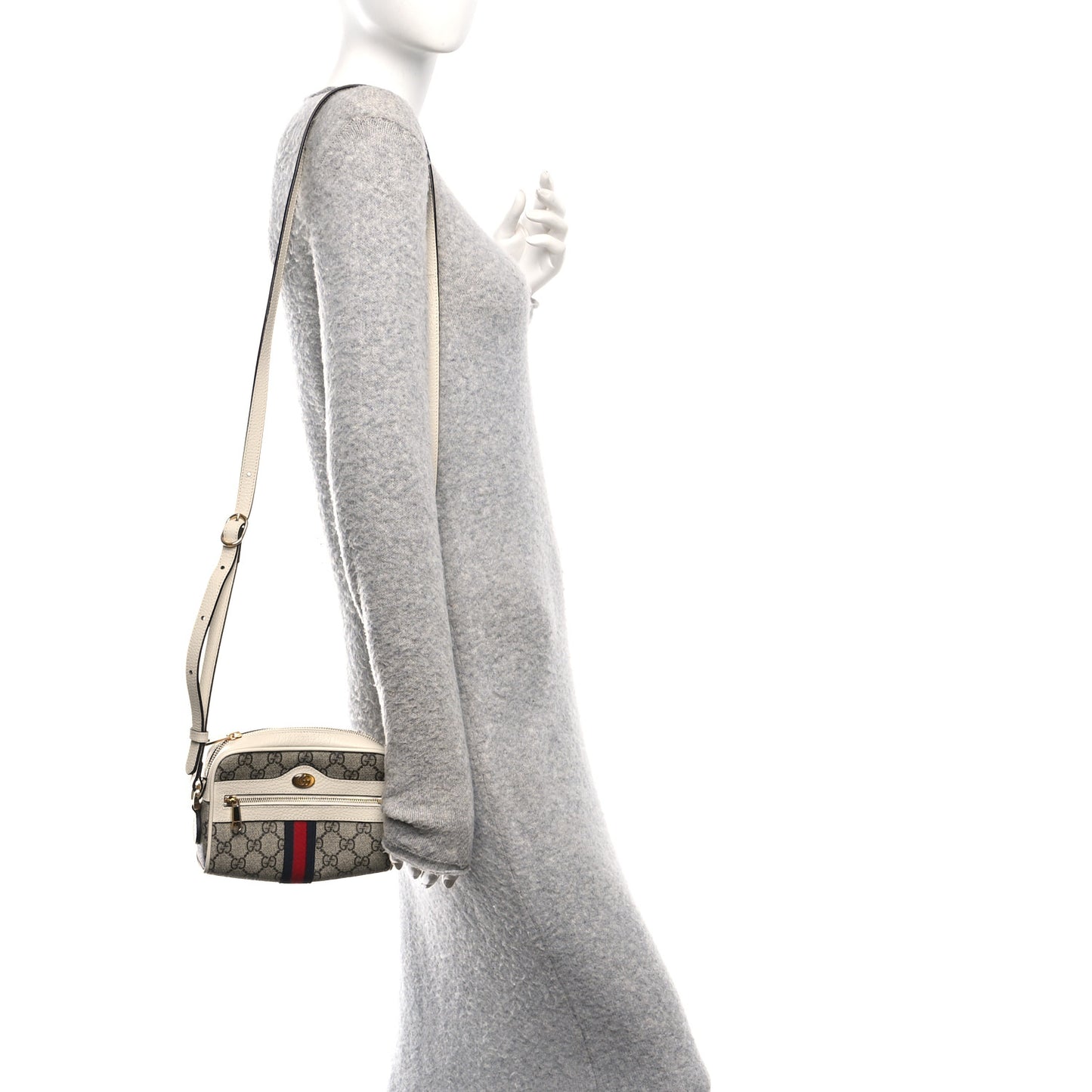 GG Supreme Monogram Textured Calfskin Web Mini Ophidia Shoulder Bag Beige Ebony Mystic White