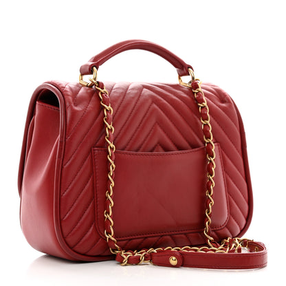 Chanel Lambskin Reverse Chevron Quilted Round Top Handle Flap Red 3 of 11