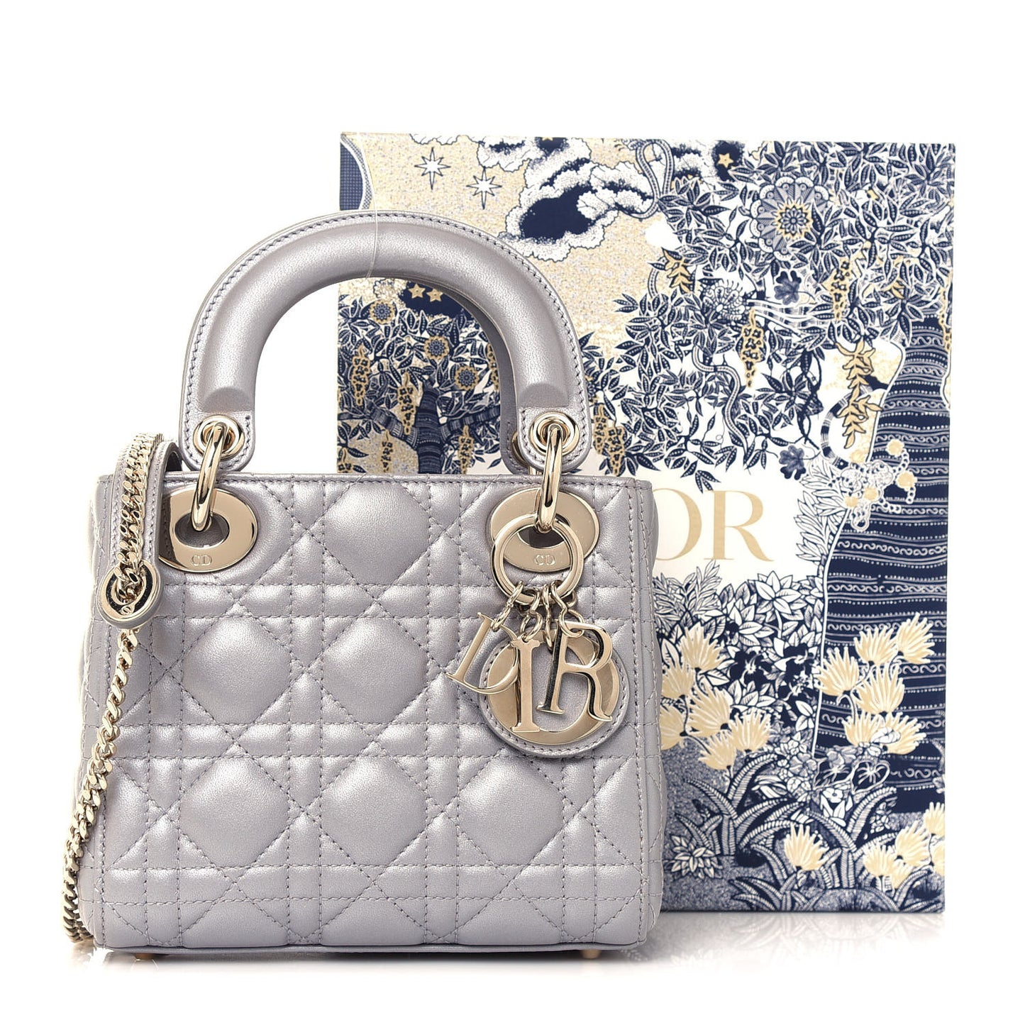 Metallic Lambskin Cannage Mini Lady Dior Grey