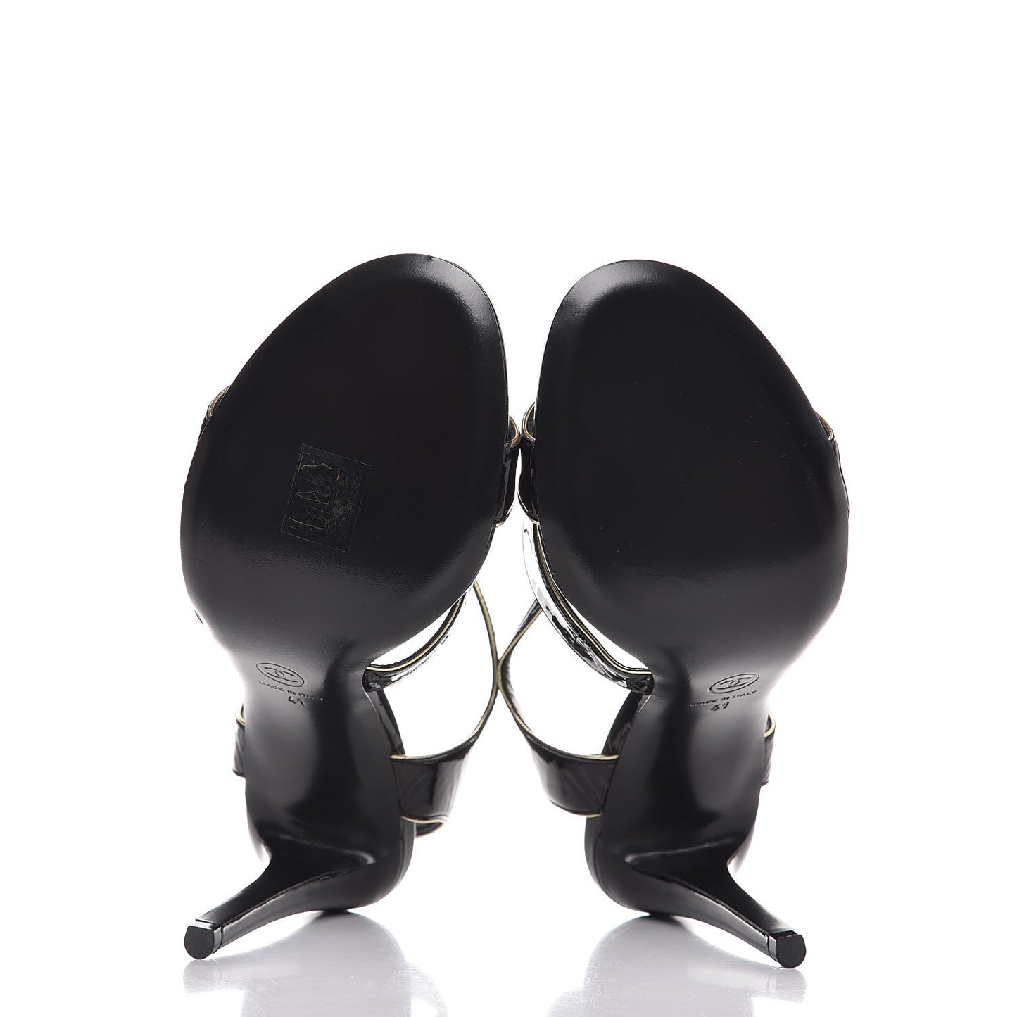Patent Goatskin Camellia CC Sandals 41 Black Gold