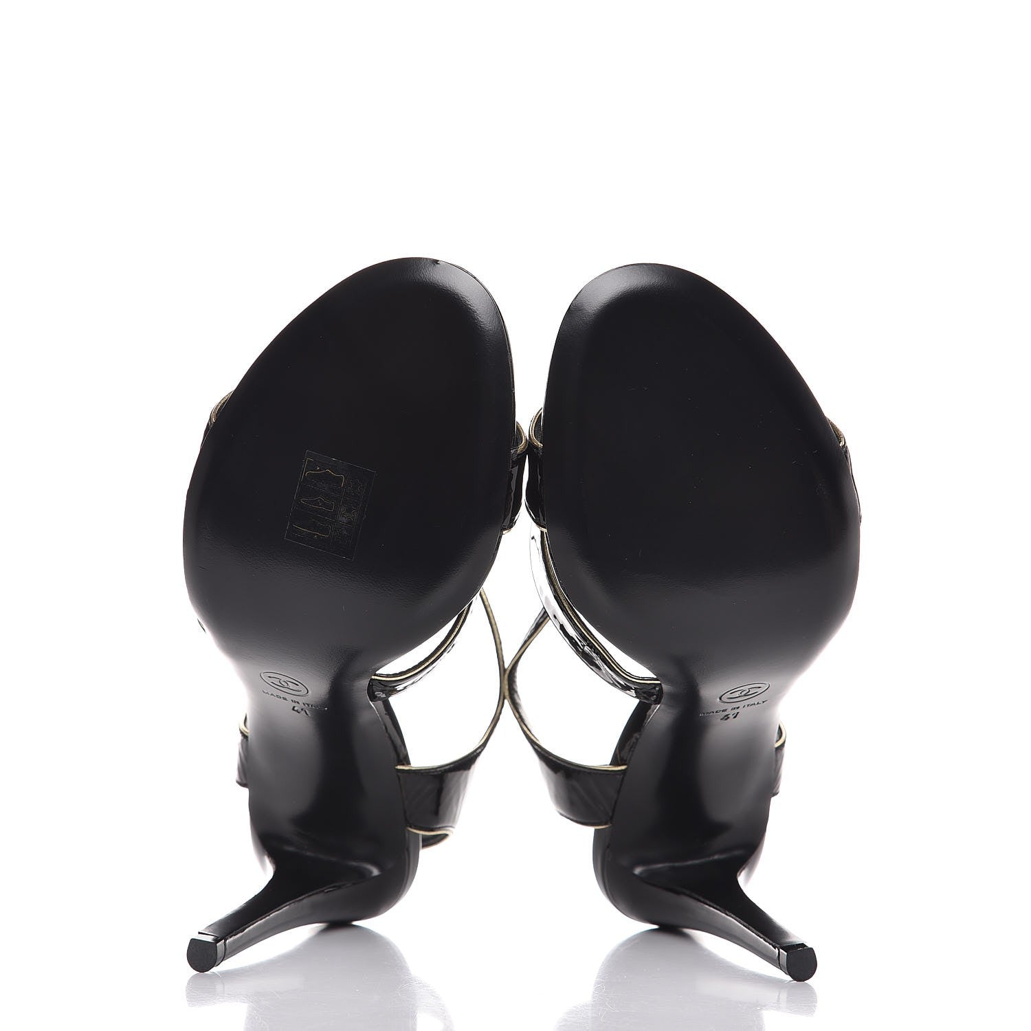 Chanel Patent Goatskin Camellia CC Sandals 41 Black Gold 5 of 9