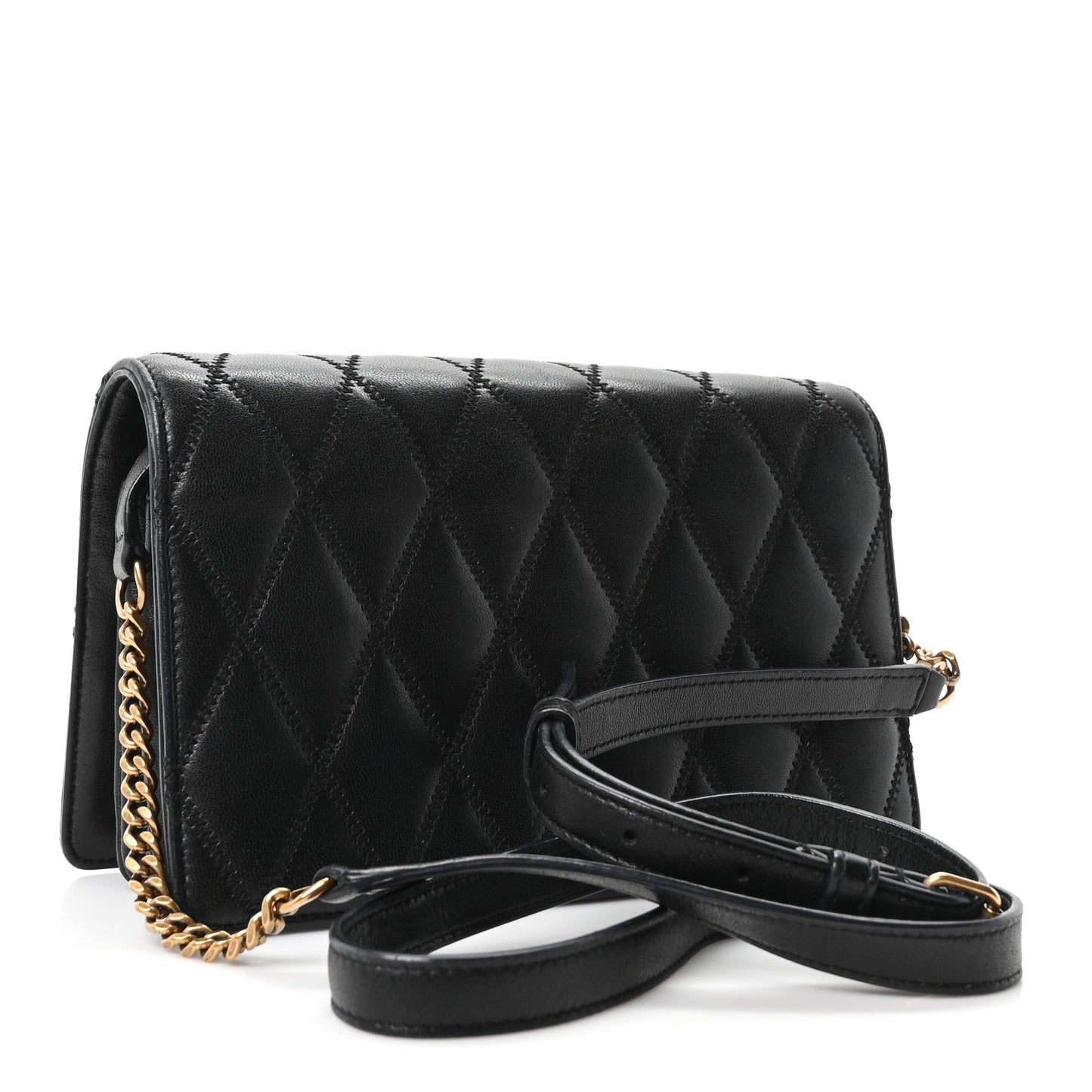 Lambskin Diamond Quilted Monogram Angie Chain Bag  Black