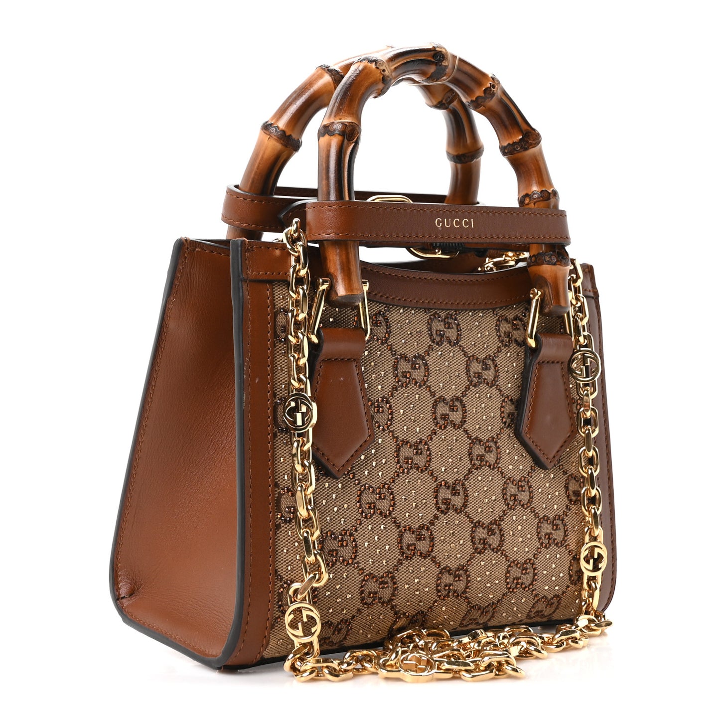 New Canvas Charisma Calfskin Crystal GG Monogram Mini Diana Tote Bag Camel Ebony
