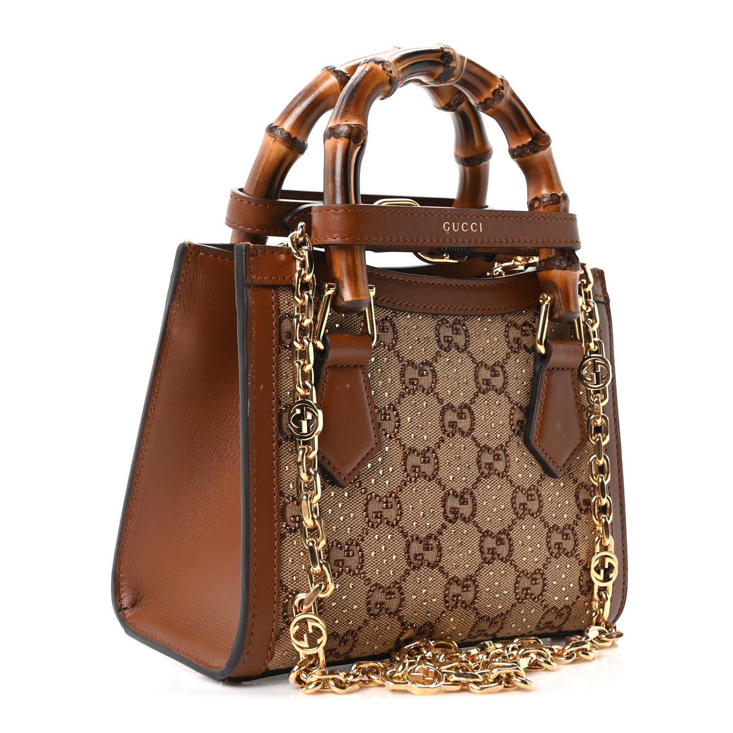 Gucci New Canvas Charisma Calfskin Crystal GG Monogram Mini Diana Tote Bag Camel Ebony 3 of 10