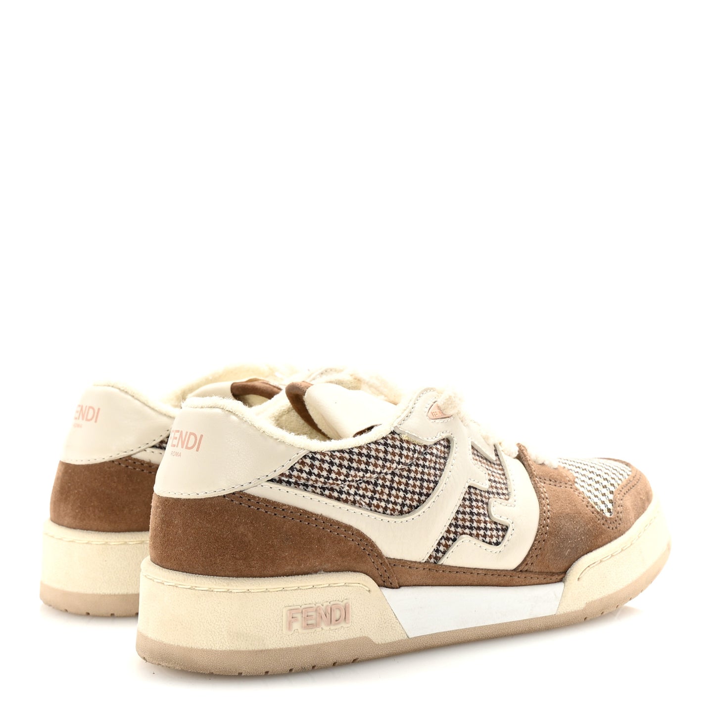 Calfskin Suede Houndstooth Fendi Match Low Top Sneakers 36 Cream Brown