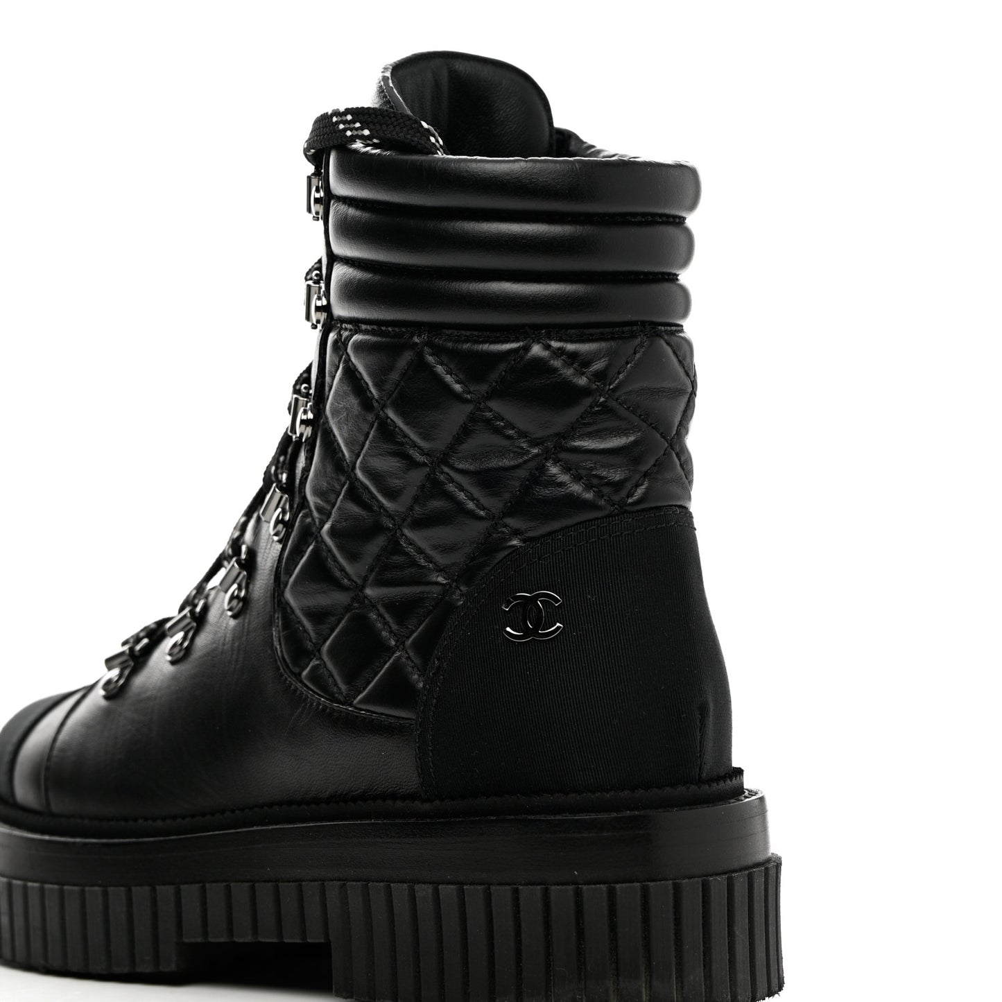 Calfskin Grosgrain Quilted Lace Up Boots 37 Black Grey