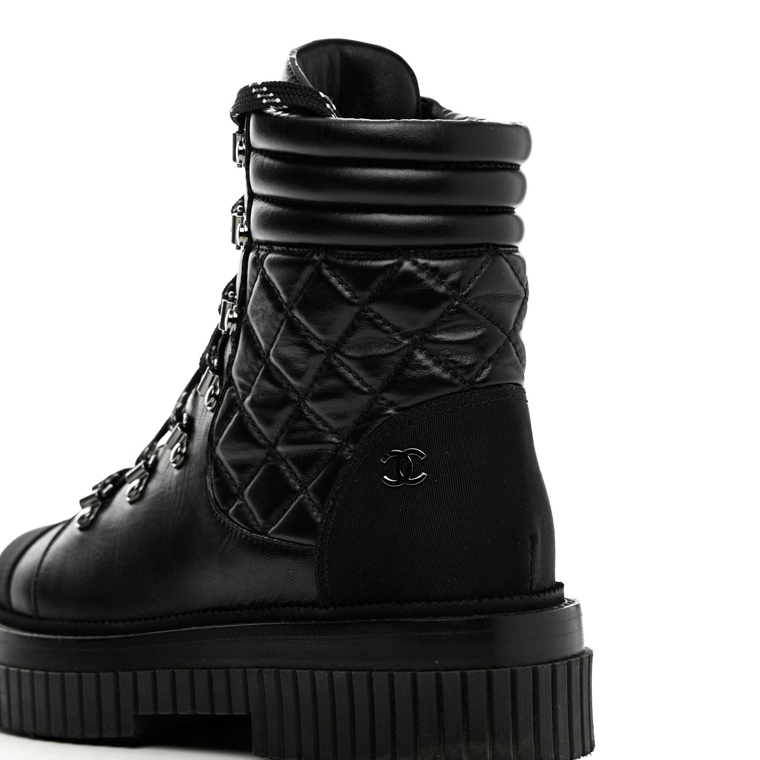 Chanel Calfskin Grosgrain Quilted Lace Up Boots 37 Black Grey 9 of 19