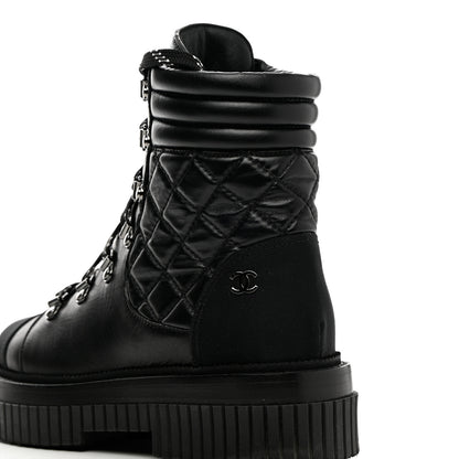 Chanel Calfskin Grosgrain Quilted Lace Up Boots 37 Black Grey 9 of 19