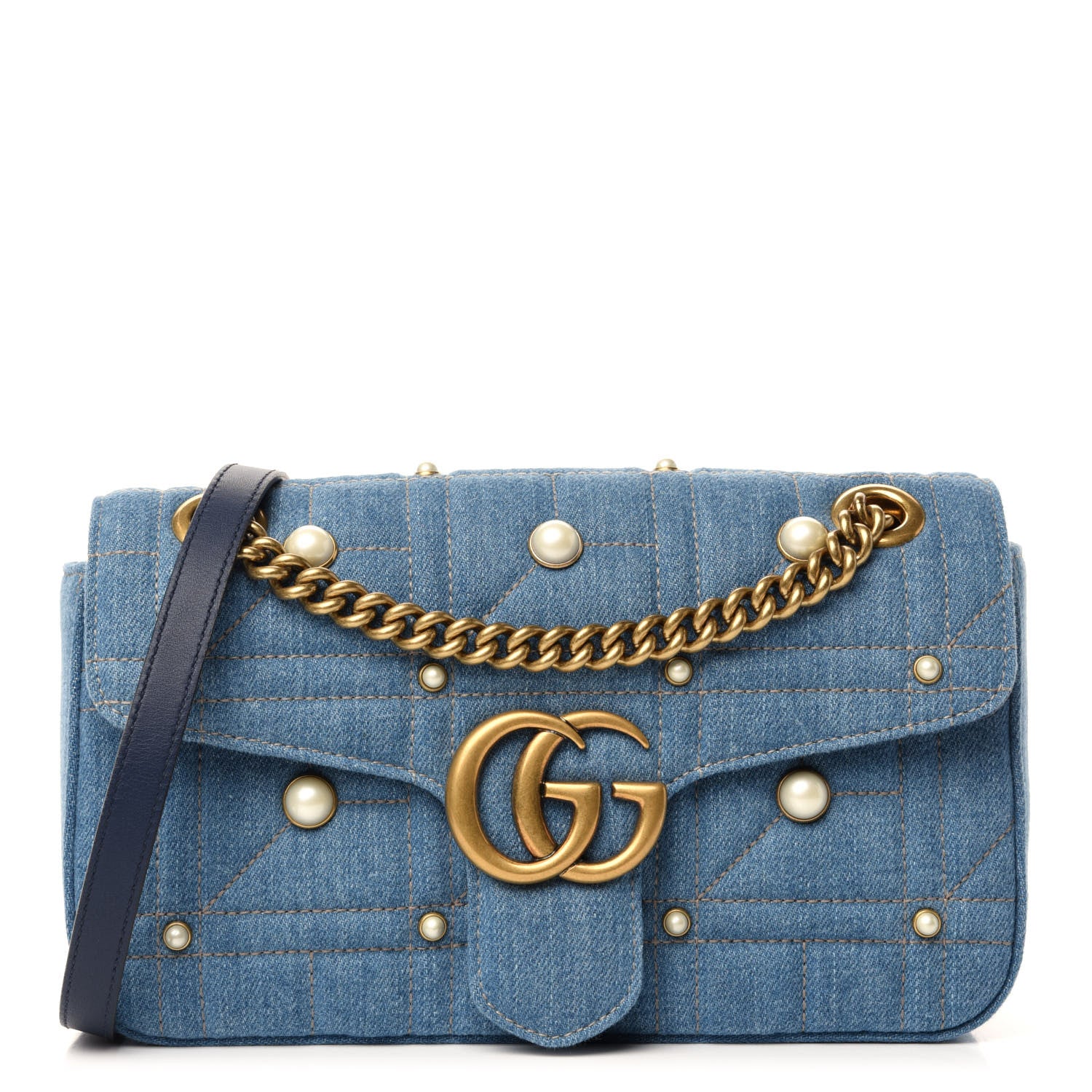 Gucci Denim Matelasse Pearl Studded Small GG Marmont Shoulder Bag Blue 1 of 11