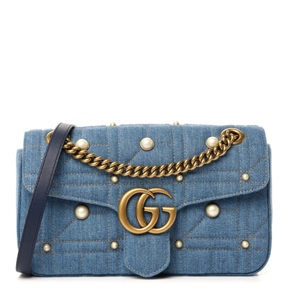 Gucci Denim Matelasse Pearl Studded Small GG Marmont Shoulder Bag Blue 1 of 11