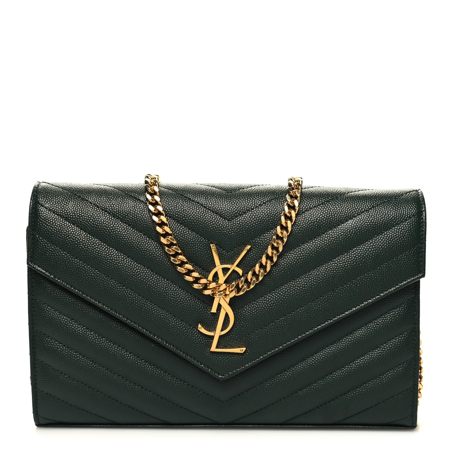 Grain De Poudre Matelasse Chevron Monogram Chain Wallet Dark Green