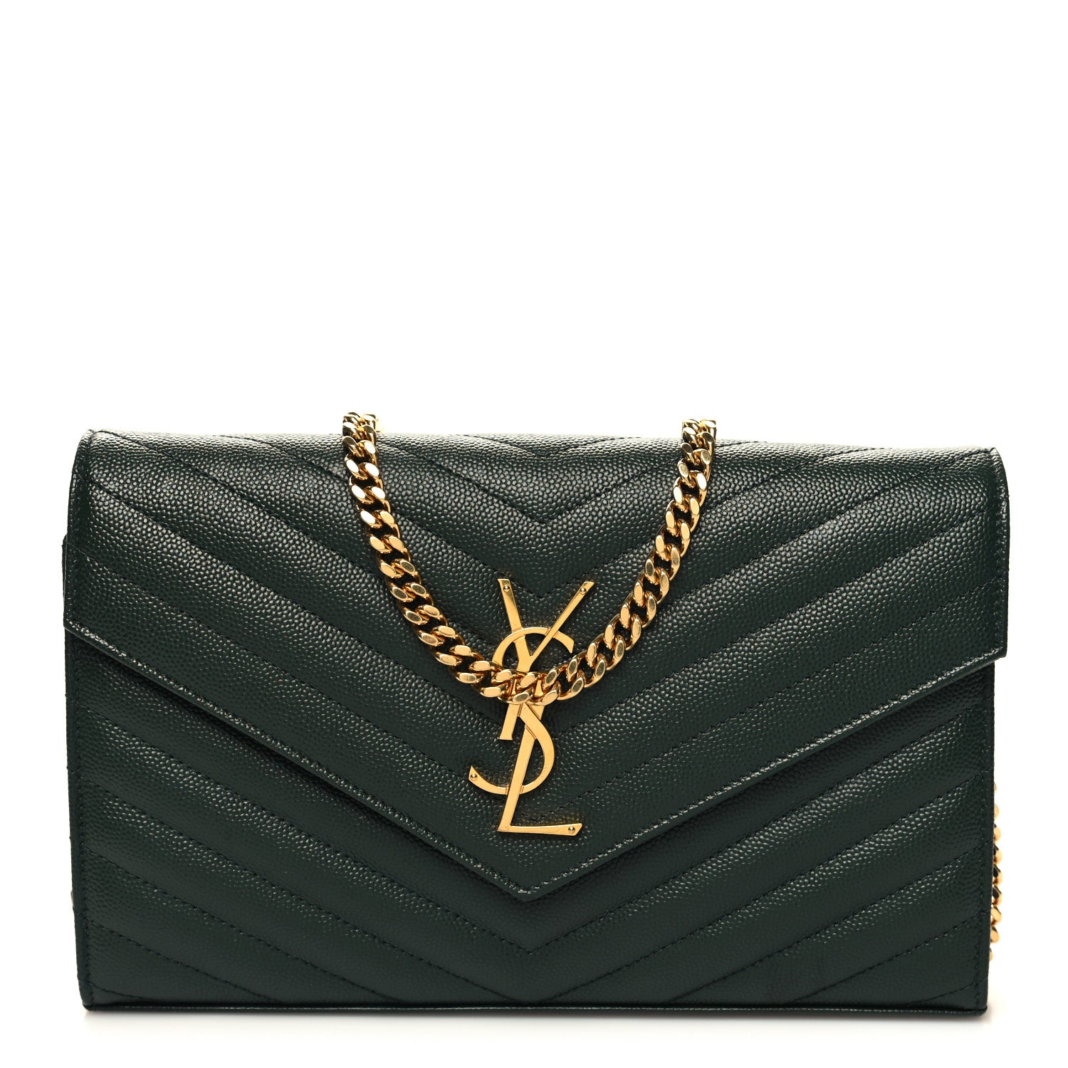 Saint Laurent Grain De Poudre Matelasse Chevron Monogram Chain Wallet Dark Green 1 of 10