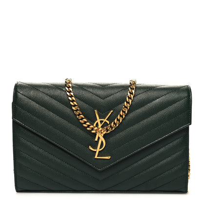 Saint Laurent Grain De Poudre Matelasse Chevron Monogram Chain Wallet Dark Green 1 of 10