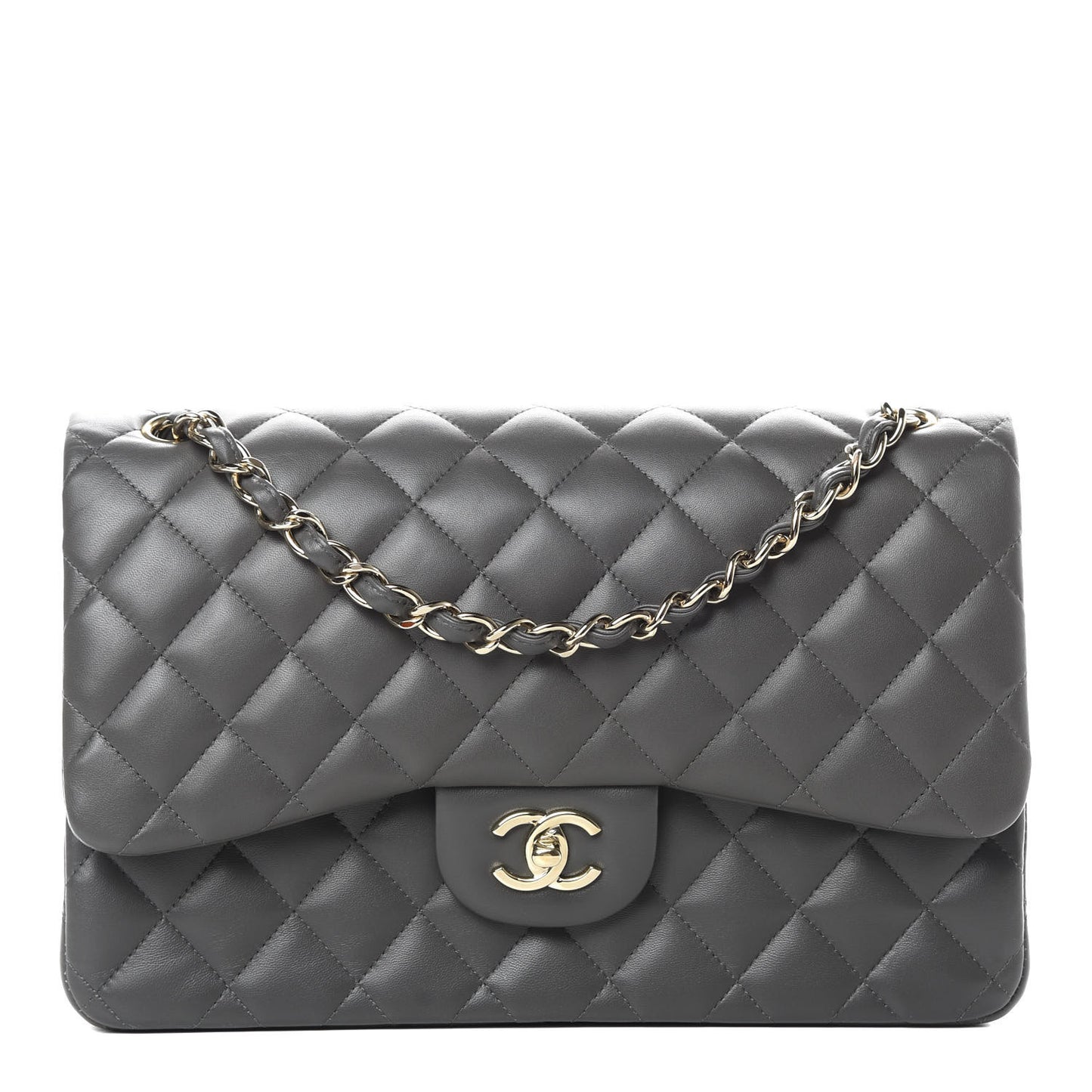 Lambskin Quilted Jumbo Double Flap Grey
