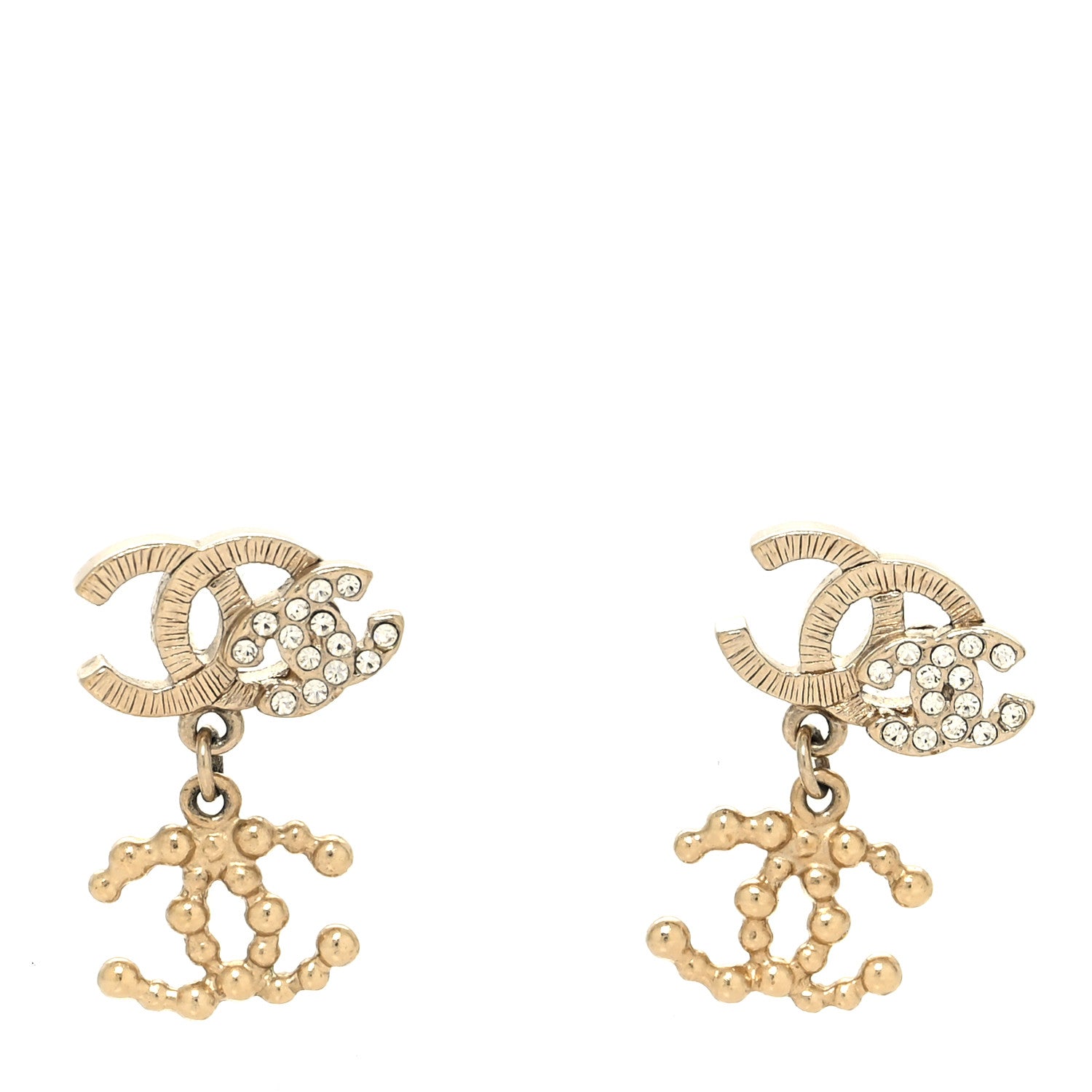 Chanel Metal Bead Crystal Double CC Drop Earrings Gold 1 of 4