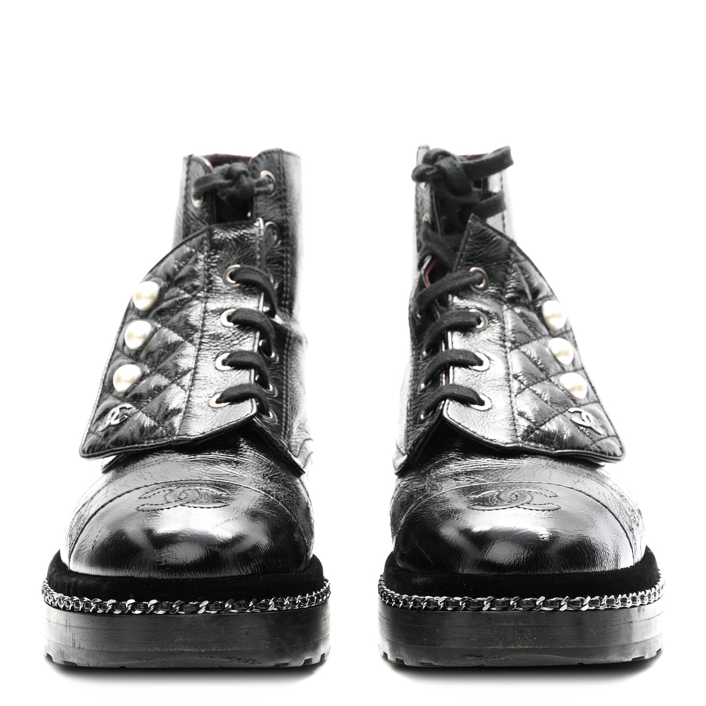Crackled Calfskin Velvet Pearl Combat Short Boots 38 Black